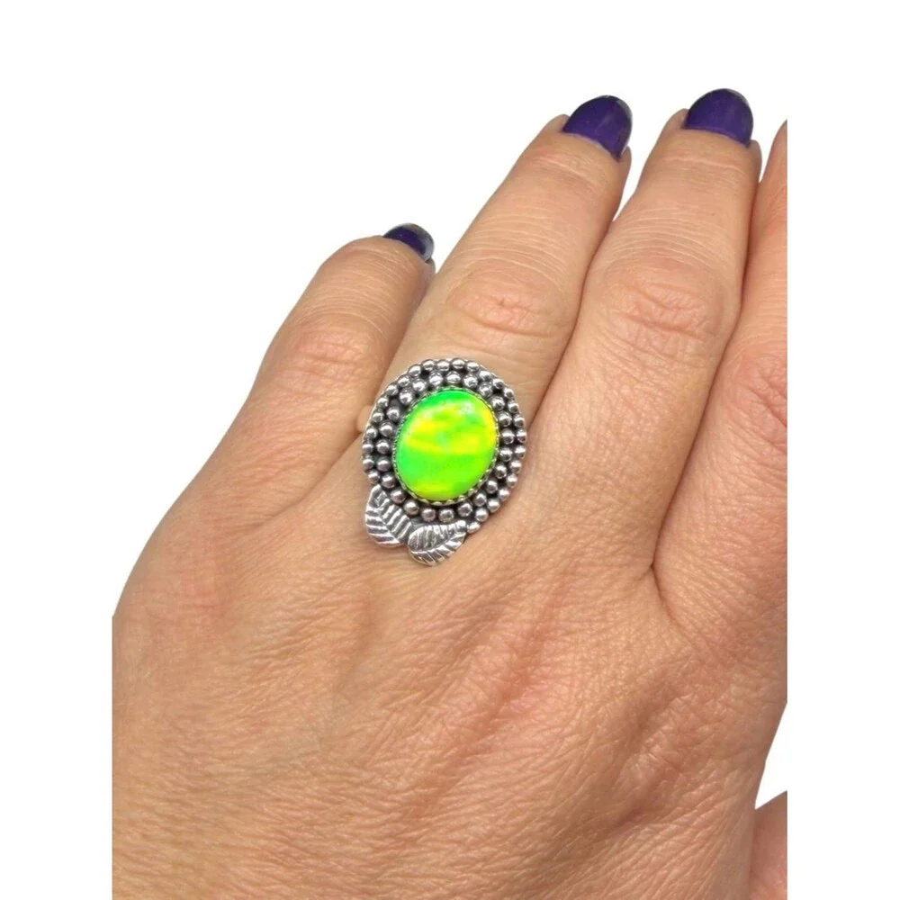 Lime Green Aurora Opal Ring Size 6.5 Solid 925 Sterling Silver Aura